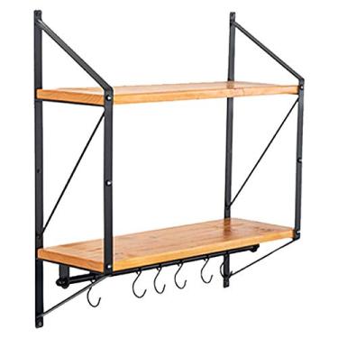 Imagem de Prateleira de parede flutuante montada em madeira rústica para banheiro decoração de cozinha armazenamento ecológico ganchos removíveis e barra de toalha (cor: camada dupla, tamanho: comprimento -50