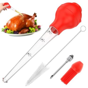 Imagem de Seringa de carne baster de peru, grande pastor de peru com escova de limpeza para cozinhar, churrasqueira de carne premium, pode ser lavada na lava-louças, aves, carne bovina, frango (vermelho)