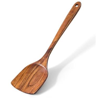 Imagem de Jilla-hla Espátula de madeira, madeira de acácia antiaderente, cabo longo, espátulas de fritura planas feitas à mão para presentes de cozinha, utensílios de cozinha ideais para cozinhar ovos, peixes