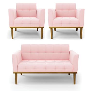 Imagem de Conjunto 2 Poltronas e 1 Namoradeira Decorativa Karen Pés Fixo em Madeira Castanho Suede Rosa Bebê G19 - Gran Belo