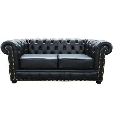 Imagem de Sofá 2 Lugares Sala de Estar Chesterfield com Pés Madeira Couro Preto - Gran Belo