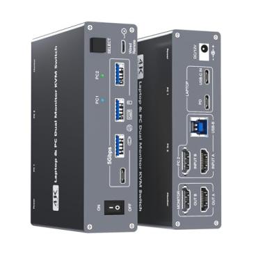 Imagem de Interruptor KVM de ancoragem USB tipo C 4K para laptop e desktop, 2 monitores, 2 computadores USB-C e HDMI duplo 4K a 60 Hz Switches KVM de monitor duplo para Mac e PC, carregamento PD 100W, com cabo