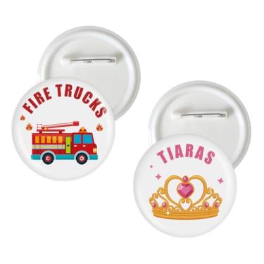 Imagem de 10 peças de pinos de botão de revelação de gênero de caminhões de bombeiros, alfinetes de crachá de equipe de tiaras de bombeiros, botão de broche de manchas de menino ou menina para decorações de