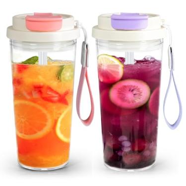 Imagem de Pacote com 2 copos de café de plástico de 590 ml, copo de acrílico com tampa e canudo, copo de plástico reutilizável, copo de café gelado para viagem, casa, ciclismo, dirigir, trabalhar, rosa e roxo