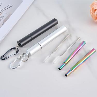 Imagem de Conjunto de canudo reutilizável com escova de limpeza, canudo de aço inoxidável arco-íris, estojo portátil com mosquetão, 3 peças