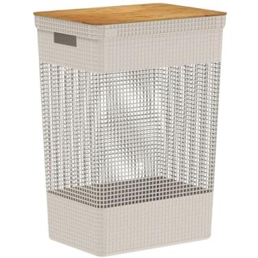 Imagem de Ou Cesto de roupas 49L com tampa de bambu Bege Linha Grid