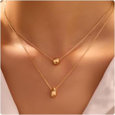 Imagem de Colar de gota de água de camada dupla de ouro com 2 peças - Colar de aço inoxidável com contas de design de nicho para mulheres