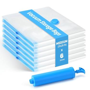 Imagem de Pacote com 6 sacos de armazenamento a vácuo espessos com economia de espaço, médios para roupas com bomba de mão, sacos selados a vácuo para roupas, edredons e cobertores