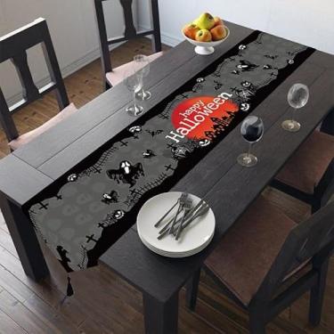 Imagem de Caminho de mesa de linho de Halloween com franja, formato exclusivo 188 x 30 cm, design assustador de cemitério e fantasmas para festas de férias assustadoras e eventos assombrados
