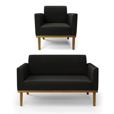 Imagem de Sofá Namoradeira Com Poltrona Base De Madeira Fixa Castanho Marisa Suede D03 - D?rossi Cor Preto