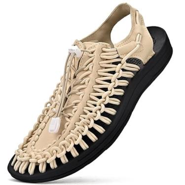 Imagem de Sandálias esportivas de corda para homens, sapatos de pescador, sandálias de praia masculinas feitas à mão, confortáveis e leves, Bege-preto, 37