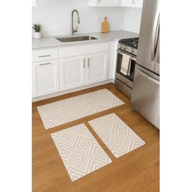 Imagem de Kit Tapete de Cozinha 3 Peças Antiderrapante Jacquard Geométrico com Passadeira e Acabamento Refinado (GEOMÉTRICO LOSANGO)