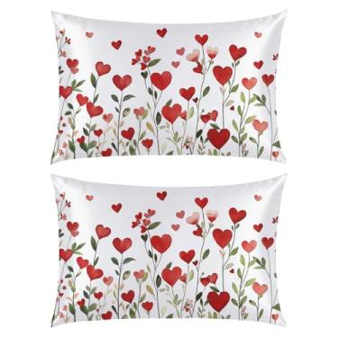 Imagem de Horaldaily Valentine King Size Conjunto de 2 fronhas de cetim para pele e cabelo, corações de amor florais suaves e macios semelhantes a fronhas de seda para cama de sofá e sofá, presentes ideais para