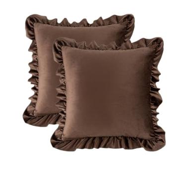 Imagem de MOJUN Conjunto de 2 capas de almofada quadradas com babados 45,7 x 45,7 cm, fronhas decorativas de veludo com babados, capas de almofada para sofá, cama, sala de estar, fazenda, marrom