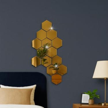 Imagem de Kit 14 Espelhos Acrílico Hexagonais Decorativos de parede(Espelhado Dourado)