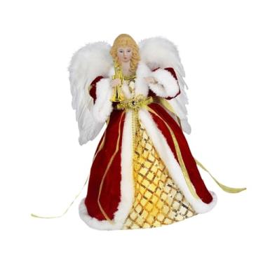 Imagem de shamjina Estatueta de anjo no topo da árvore, decoração de Natal, delicado e criativo enfeite de anjo iluminado para decoração de festa em casa e mesa, Vermelho