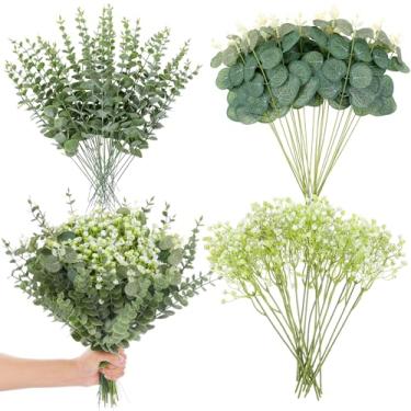 Imagem de YBEATY 100 peças, 3 tipos de hastes artificiais mistas de eucalipto, hálito de bebê, flores artificiais com pacote de folhas de eucalipto falso, ramos de vegetação para casamento, faça você mesmo