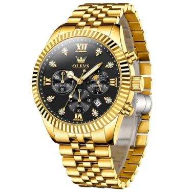 Imagem de OLEVS Relógios masculinos clássicos, de aço inoxidável, com mostrador grande, casual, de quartzo, analógico, à prova d'água, de quartzo, moderno, fácil de ler, mostrador masculino, azul/preto/dourado