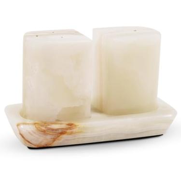 Imagem de Radicaln Conjunto de saleiro e pimenteiro de mármore – Ônix branco de 6,3 cm, essencial de cozinha moderna para cozinhar e jantar, suporte de temperos de pedra e saleros para pimenta preta, sal rosa
