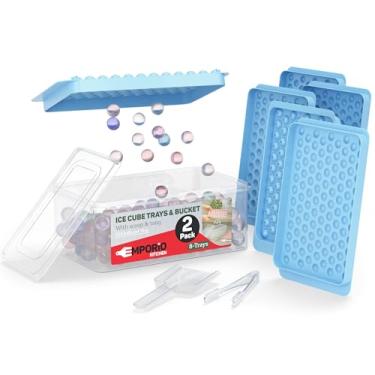 Imagem de Conjunto de 2 bandejas redondas azuis para cubos de gelo, sem BPA, com tampa, cesto e pinça, 104 bolas de gelo por bandeja para uísque, café e coquetéis, congelamento rápido e liberação fácil