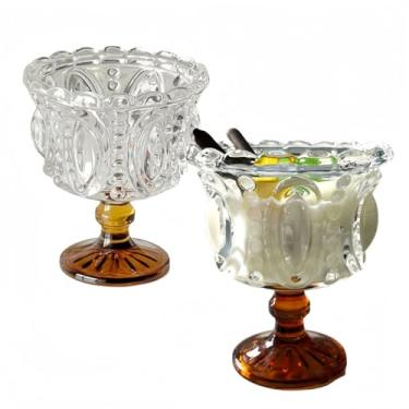 Imagem de YUHANOER Conjunto de 2 copos de sobremesa - copo vintage em relevo de cristal com pés, sorvete retrô de 200 ml e prato doce para bebidas de festa, uísque, bar festivo e decoração de mesa (âmbar e