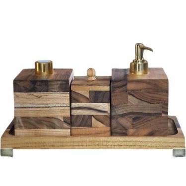 Imagem de Kit Higiene Lavabo / Banheiro 4 Peças - Madeira Nobre Teca - Quadrado 