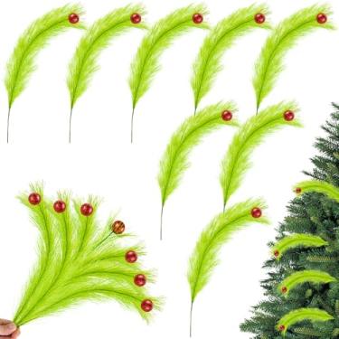 Imagem de ARCHCRTC 8 palhetas de árvore encaracolada verde limão com bola vermelha, enfeites de árvore de Natal de 43 cm, decoração de grama de pampa sintética, caules verdes artificiais de Natal para decoração