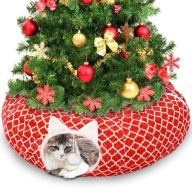 Imagem de Soulchen Cama de túnel de Natal para gatos de 0,8 m x 0,8 m x 26 cm, túnel circular de Natal, vermelho, verde, brinquedos fofos para animais de estimação com almofada circular lavável para gatinhos