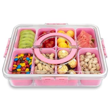 Imagem de Bandeja de servir dividida com tampa e alça, caixa de lanches com 8 compartimentos, bandeja de frutas, bandeja de vegetais, travessa portátil para doces, frutas, nozes, lanches, festas, piqueniques