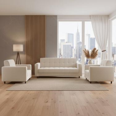 Imagem de Kit 01 Sofá 3 Lugares E 02 Poltronas Arezzo Linho Areia A27 Pés Chanfrado Castanho D01 - D'rossi