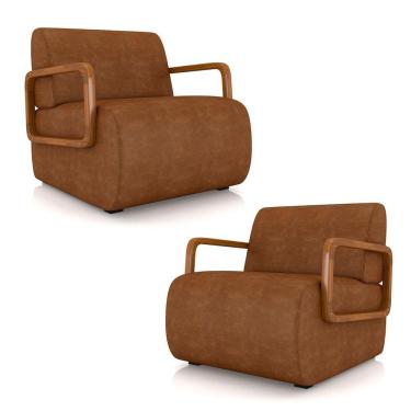 Imagem de Kit 2 Poltronas Decorativa Sala De Estar Odessa Braços Em Madeira Pu Caramelo G33