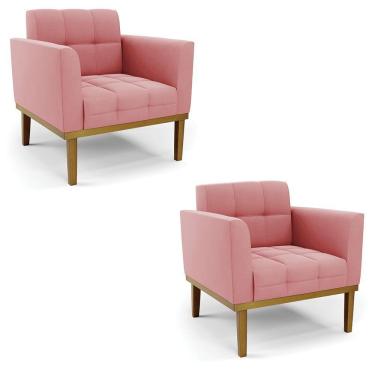 Imagem de Kit 2 Poltronas Decorativas Pés Fixo Em Madeira Castanho Suede Rose