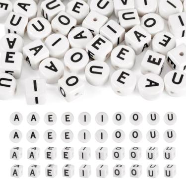 Imagem de FASHEWELRY 50 peças de contas de letras de vogal de cerâmica para pulseiras, cubo e contas redondas do alfabeto de porcelana AEIOU contas focais iniciais para fazer joias, brincos, colar, artesanato