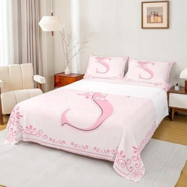Imagem de Manfei Jogo de lençol casal com letra P rosa, princesa bowkont, laço floral em aquarela, 4 peças com bolso profundo + lençol de cima + 2 fronhas, decoração de quarto infantil de meninos e meninas