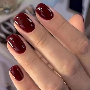 Imagem de 24 peças de unhas postiças vermelho vinho, unhas quadradas curtas francesas, unhas falsas artificiais de cor pura, cola acrílica brilhante na unha, unhas adesivas reutilizáveis elegantes para mulheres