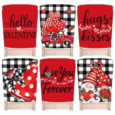 Imagem de Whaline 6 peças capa traseira para cadeira de jantar para o dia dos namorados, vermelho, preto, coração, gnomo, caminhão, capas de assento para casamento, aniversário de casamento, decoração de