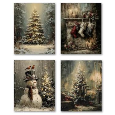 Imagem de XWELLDAN Vintage Dark Academia Farmhouse Rústico Moody Árvore de Natal Boneco de Neve Inverno Arte de Parede Decoração Decorações, 20 x 25 Sem Moldura Conjunto de 4