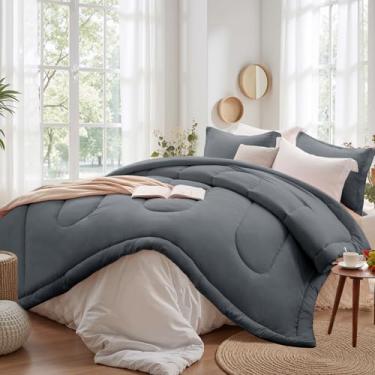 Imagem de SunStyle Home Conjunto de edredom Queen – 3 peças de edredom reversível, tamanho Queen, leve, com 1 edredom alternativo e 2 fronhas para todas as estações, cinza escuro