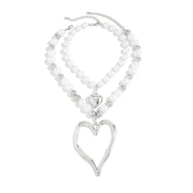 Imagem de liveliwithmin Y2k Colar grande de coração vazado para mulheres, colar com pingente de coração grande e grosso em camadas exageradas, corações duplos, ouro/prata, gargantilha delicada, joia de presente