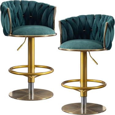 Imagem de Bancos De Bar Ajustáveis 2 Pcs, Cadeiras Altas De Veludo Giratórias, Banquetas De Bar De Cozinha De Jantar, Chassi Espelhado Com Apoio Para Os Pés, Green