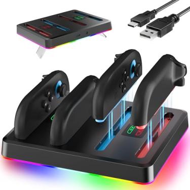 Imagem de GLDRAM Base de carregamento 4 em 1 para controle Joycon Nintendo Switch 2 (2025), estação de carregamento rápido magnético com cabo tipo C para Joypads 2, som integrado e indicador de luz ambiente RGB