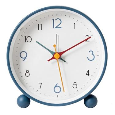 Imagem de Despertadores para quartos, despertador moderno para quarto, relógio retrô silencioso com luz de cabeceira noite suave, bateria operada, moldura de metal azul para estudantes e crianças pequenas
