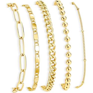 Imagem de Poxtex Pulseiras de ouro para mulheres, pulseiras delicadas para mulheres na moda, pulseiras de ouro real 14K empilhadas com coração, contas, cubano, clipe de papel, cobra, corda, pérola, cruz,