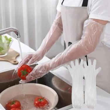 Imagem de Luvas impermeáveis descartáveis multifuncionais transparentes luvas compridas engrossadas ferramentas de utensílios de cozinha (10 peças)