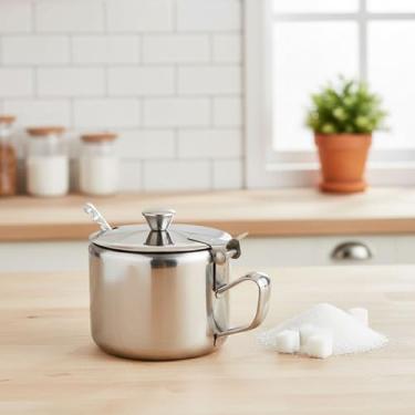 Imagem de Açucareiro de Aço Inox com Colher 420 ml – Pote para Açúcar com Tampa, Design Transparente e Acabamento Cromado, Resistente, Higiênico e Ideal para Cozinha, Mesa e Servir