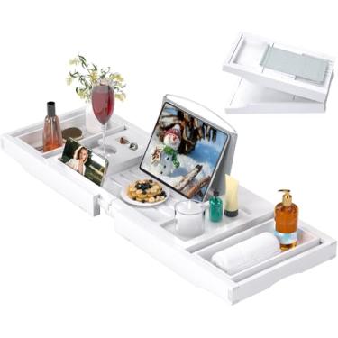 Imagem de Bandeja de banheira para banheira, bandejas de mesa de banho dobráveis, prateleira de bambu com suporte de livro e copo de vinho, acessórios de banheiro adequados para spa de luxo ou leitura, branca