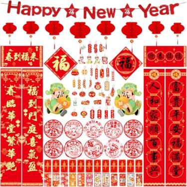 Imagem de Auzesto 90Pcs Decorações De Ano Novo Chinês Com Dísticos Chineses Chunlian Lanternas Vermelhas Envelopes Vermelhos Papel Sorte Enfeites Pendurados Banner Personagem Fu Decoração De Janela Para 2025