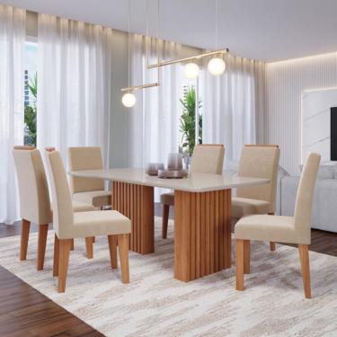 Imagem de Conjunto de Mesa Retangular com Tampo de Vidro Off White Ester e 6 Cadeiras Tais e Maia Suede Bege e Amadeirado