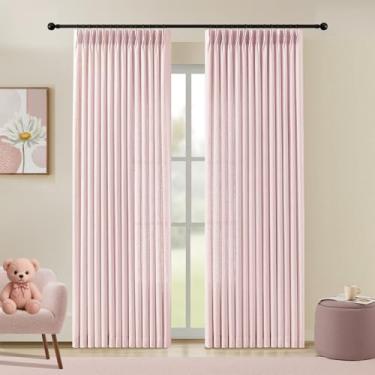 Imagem de Cortinas de linho plissadas rosa claro 213 cm de comprimento para quarto de bebês meninas, cortinas plissadas com filtro de luz, texturizadas, grossas, memória, semitransparente, com ganchos para