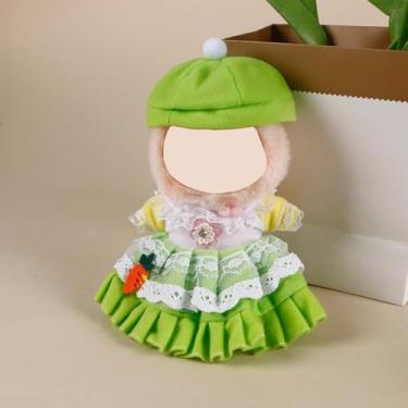 Imagem de Compatível com Labubu 15 cm/17 cm (não inclui boneca) - Boina verde e vestido de renda com babados com detalhe de cenoura, acessórios de roupa de boneca (verde)